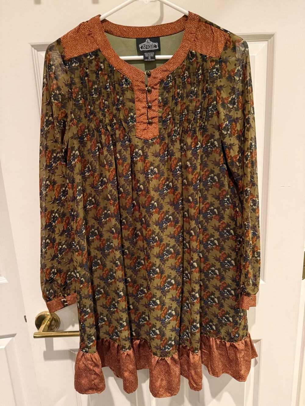 Angie Olive Green Floral Midi Dress with Rust Accents